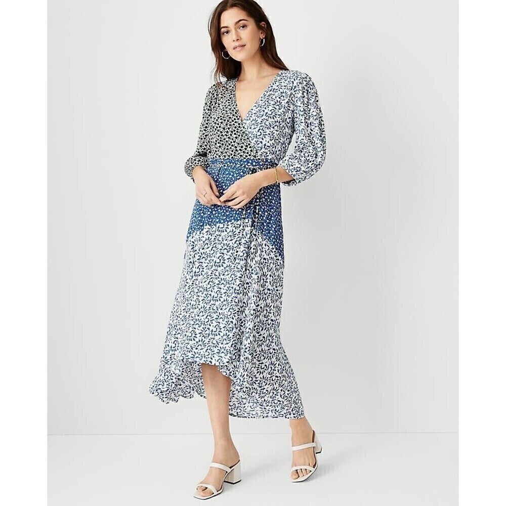 Ann Taylor Blue Floral Wrap Maxi Dress 00P Boho Cottagecore Flare 3/4 Sleeve‎